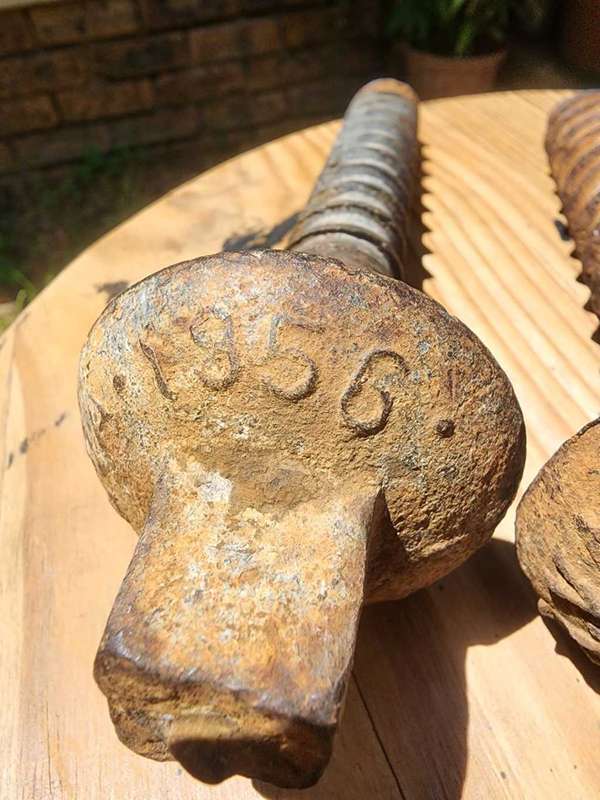 THREE VINTAGE 1950S SAR RAILWAY SLEEPER CAST IRON SCREW TRACK BOLTS