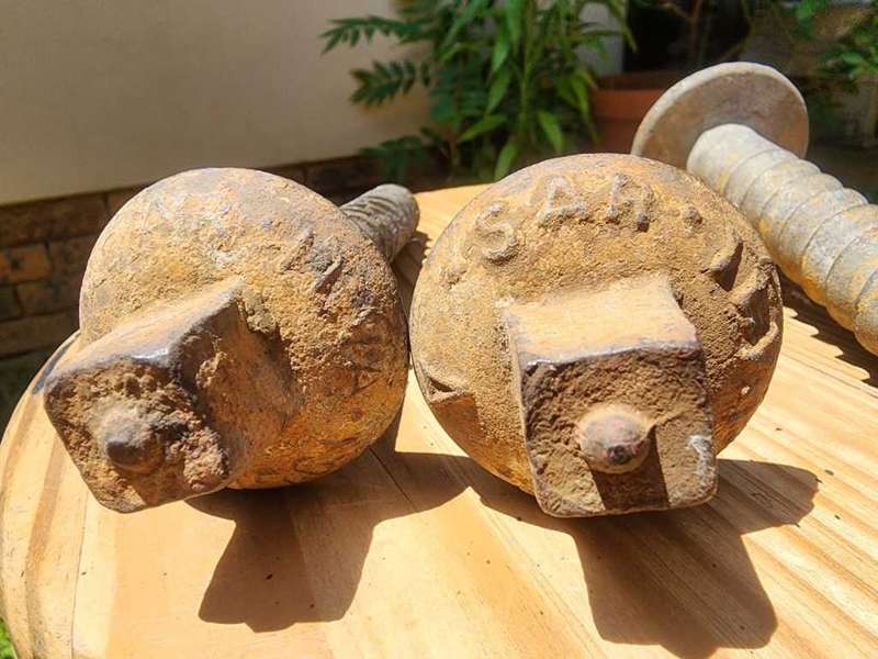 THREE VINTAGE 1950S SAR RAILWAY SLEEPER CAST IRON SCREW TRACK BOLTS