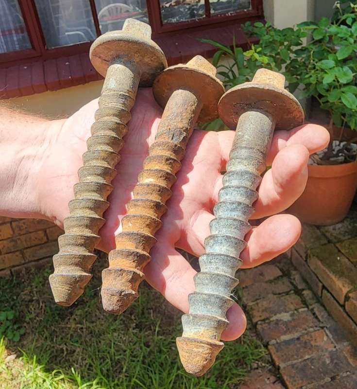 THREE VINTAGE 1950S SAR RAILWAY SLEEPER CAST IRON SCREW TRACK BOLTS