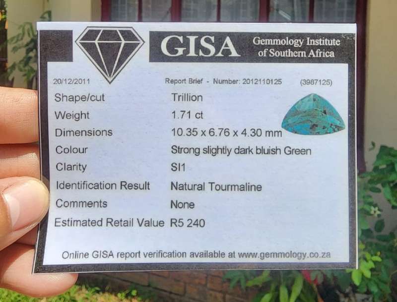 GISA CERTIFIED BLUE GREEN TURKOOIS TOURMALINE 1,70CT GEMSTONE WITH TRILLION CUT!