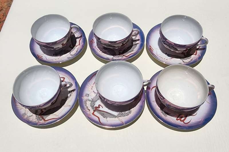 VINTAGE (1930-1960) JAPANESE DRAGONWARE MORIAGE GEISHA LITHOPHANE PURPLE LUSTERWARE 17 PIECE TEASET