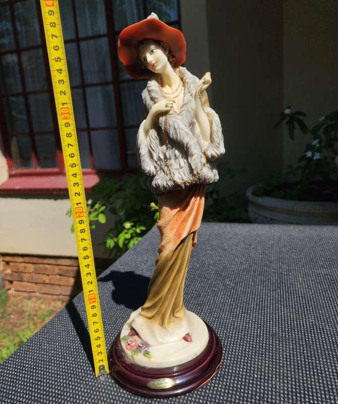 ELEGANT LADY JULIANA COLLECTION 2004 FIGURINE WITH FUR COAT, HAT AND LONG NECKLACE HAND FINISHED