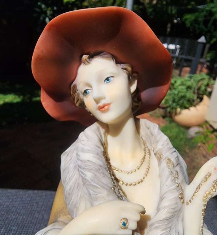ELEGANT LADY JULIANA COLLECTION 2004 FIGURINE WITH FUR COAT, HAT AND LONG NECKLACE HAND FINISHED