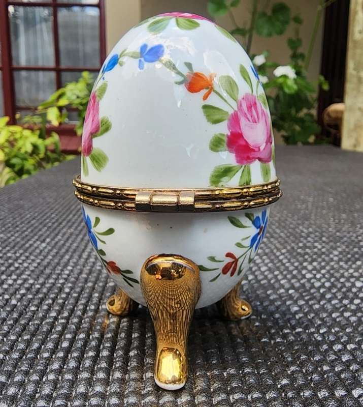 Exquisite Hand Painted Faberge Style Porcelain Egg Hinged and Clasped in Non Magnetic Gold Metal 1st