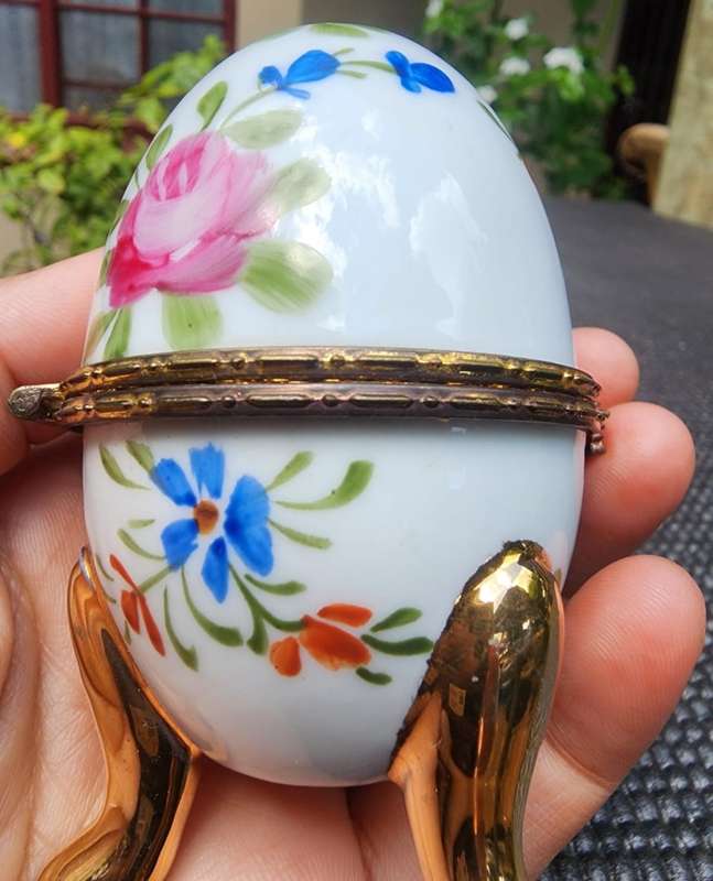 Exquisite Hand Painted Faberge Style Porcelain Egg Hinged and Clasped in Non Magnetic Gold Metal 1st
