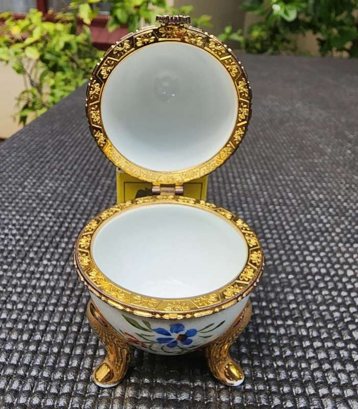 Exquisite Hand Painted Faberge Style Porcelain Egg Hinged and Clasped in Non Magnetic Gold Metal 1st