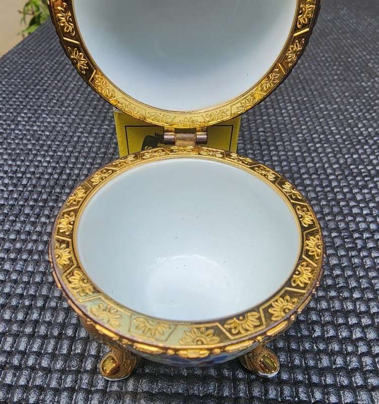 Exquisite Hand Painted Faberge Style Porcelain Egg Hinged and Clasped in Non Magnetic Gold Metal 1st