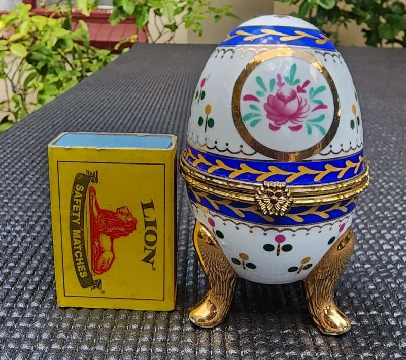 Exquisite Hand Painted Faberge Style Porcelain Egg Hinged and Clasped in Non Magnetic Gold Metal 2nd