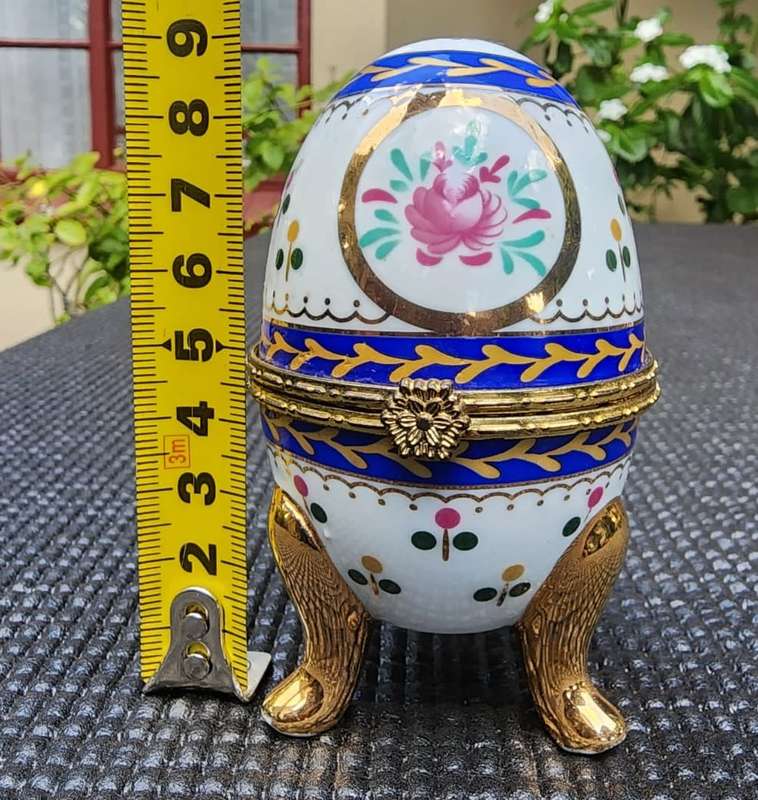 Exquisite Hand Painted Faberge Style Porcelain Egg Hinged and Clasped in Non Magnetic Gold Metal 2nd