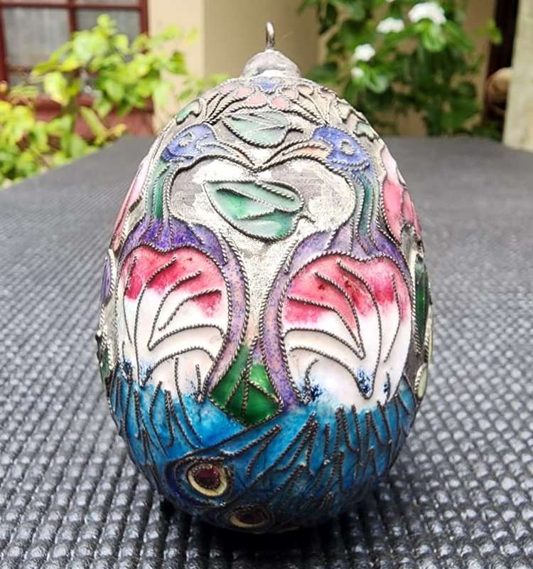 CLOISONNE ENAMEL PAINTED EGG WITH PEACOCK AND FLOWER MOTIF MEDIUM SIZED 9CM HIGH