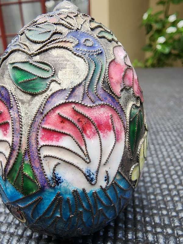 CLOISONNE ENAMEL PAINTED EGG WITH PEACOCK AND FLOWER MOTIF MEDIUM SIZED 9CM HIGH