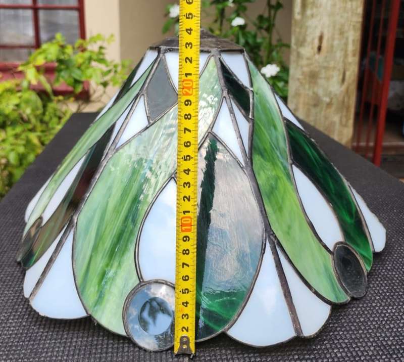 VINTAGE HAND CRAFTED GREEN STAINED GLASS CONE SHAPED LAMPSHADE WITH PEWTER FRAME