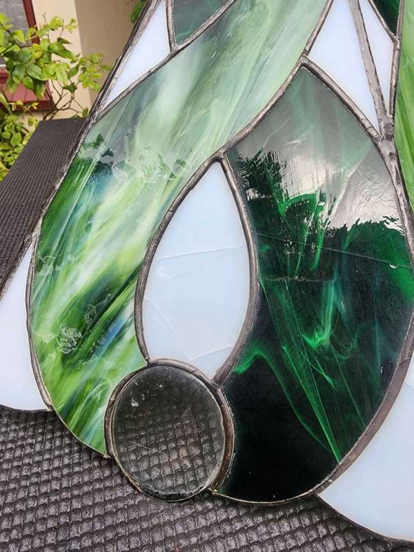 VINTAGE HAND CRAFTED GREEN STAINED GLASS CONE SHAPED LAMPSHADE WITH PEWTER FRAME