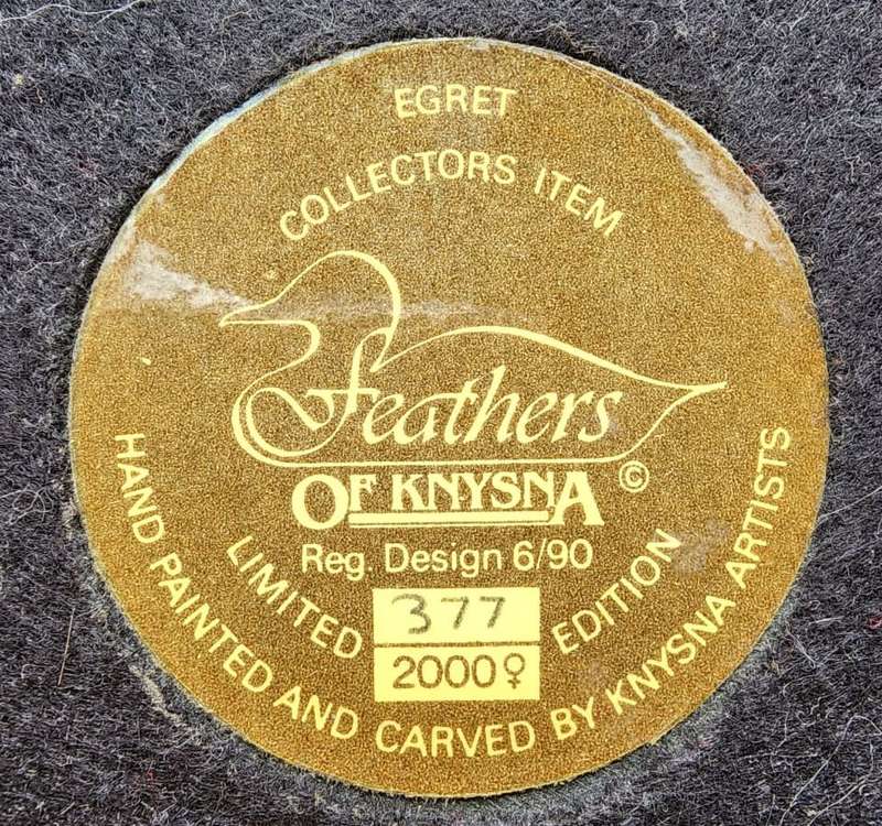 FEATHERS GALLERY KNYSNA LIMITED EDITION NO 377 OF 2000 EGRET FEMALE HAND CRAFTED IN 1990 GOOD CONDIT