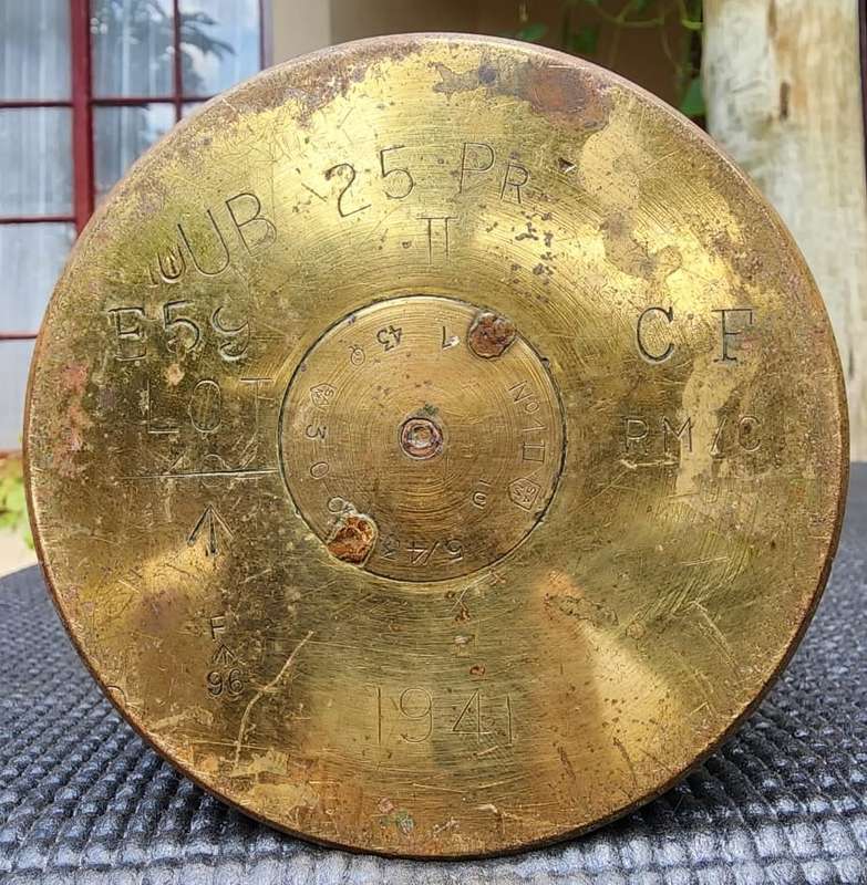 RARE WW2 1941 SA / CANADIAN 25 POUNDER (25 PR CAL 87,6MM) FIELD ARTILLERY GUN HEAVY BRASS CASING 1