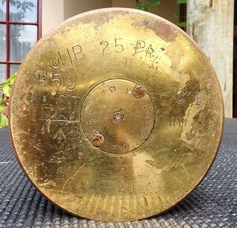 RARE WW2 1941 SA / CANADIAN 25 POUNDER (25 PR CAL 87,6MM) FIELD ARTILLERY GUN HEAVY BRASS CASING 1