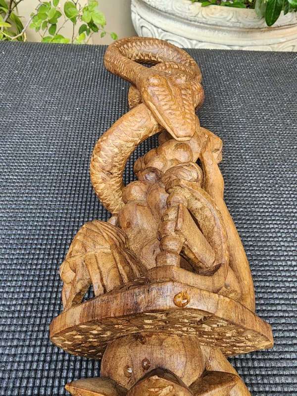 Unusual Elaborately Hand Carved Nyami Nyami Zambezi River Snake Head Handle Walking Stick