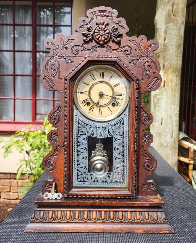 Antique 1901 Ansonia Kirkwood Oak Kitchen or Gingerbread Clock Working with Key