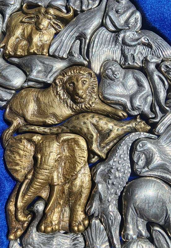 Wonderful African Animal Map Puzzle Pendent 1994 Boxed Set - 36 Pewter Pieces - Big 5 Brass Plated