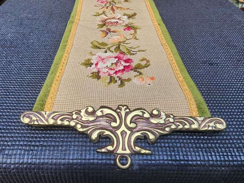 VINTAGE NEEDLEPOINT DOOR KNOCKER OR BELL PULL WITH FLORAL TAPESTRY SOLID BRASS EDGES, BRASS HANDLE