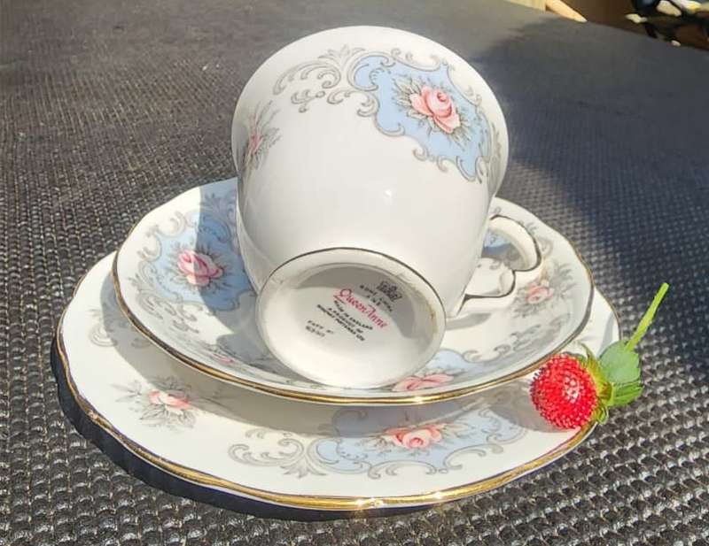 Queen Anne Ridgway England 1960s Pink Roses on Blue Shield Pattern 8350 Trio 3rd of 4