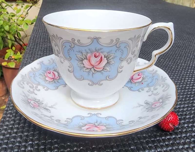 Queen Anne Ridgway England 1960s Pink Roses on Blue Shield Pattern 8350 Trio 3rd of 4