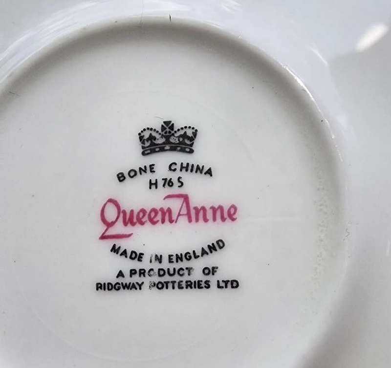 Queen Anne Ridgway England 1960s Pink Roses on Blue Shield Pattern 8350 Trio 3rd of 4