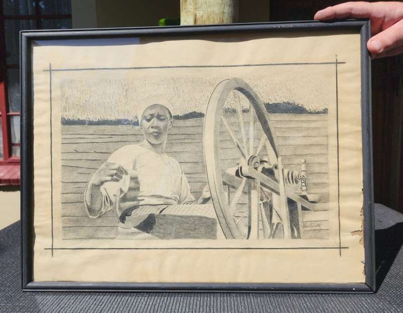 Original Antique Cotton Spinning Wheel Pencil Sketch Signed `Wenchiaruttz`