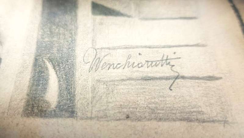 Original Antique Cotton Spinning Wheel Pencil Sketch Signed `Wenchiaruttz`
