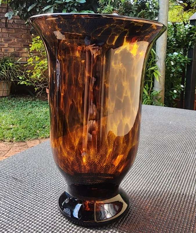 Striking Tortoiseshell Handblown Art Vase 25cm High One of Two on Auction