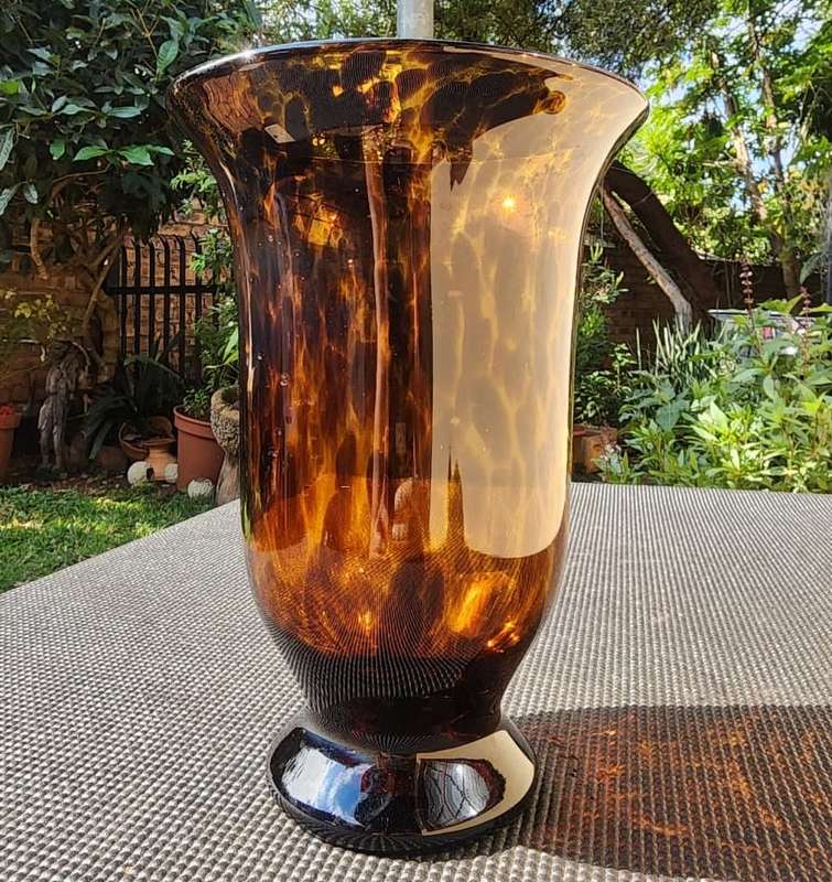 Striking Tortoiseshell Handblown Art Vase 25cm High One of Two on Auction