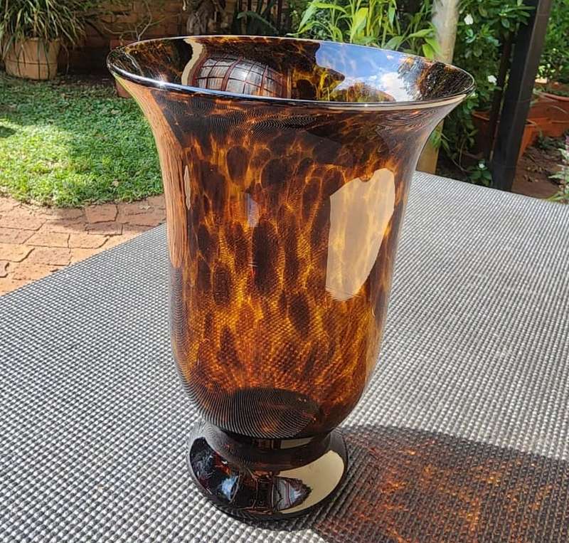Striking Tortoiseshell Handblown Art Vase 25cm High One of Two on Auction