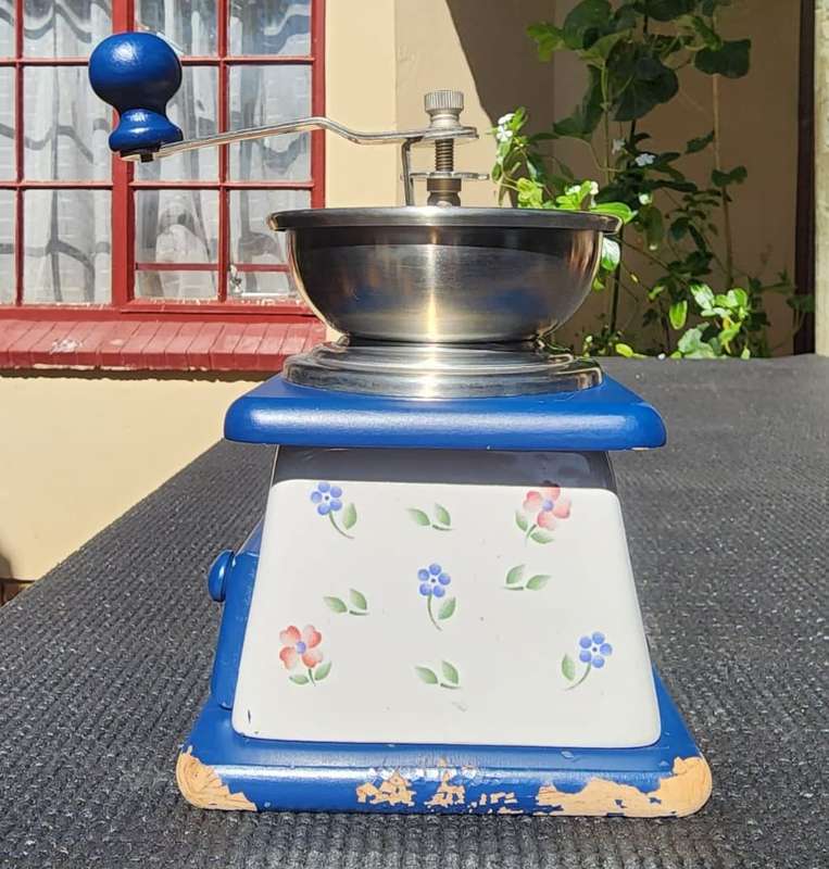 Vintage TCM Ceramic Metal and Wood Floral Hand Crank Burr Grinder Coffee Mill