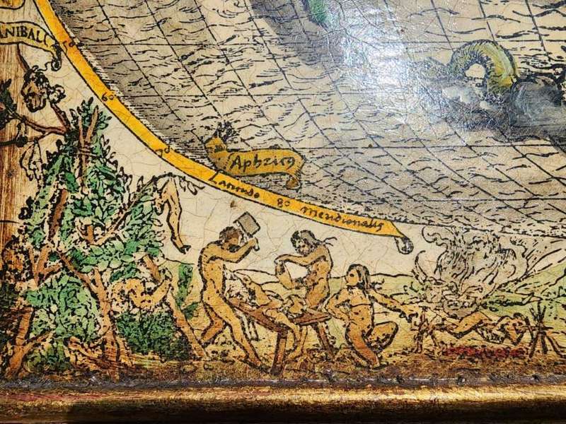 Spectacular 1532 Map of the World Engraved Print With Original Hand Colouring Cannibals Sea Monsters