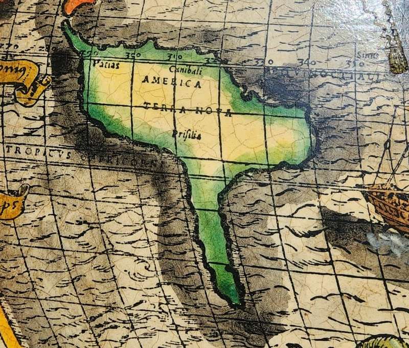 Spectacular 1532 Map of the World Engraved Print With Original Hand Colouring Cannibals Sea Monsters