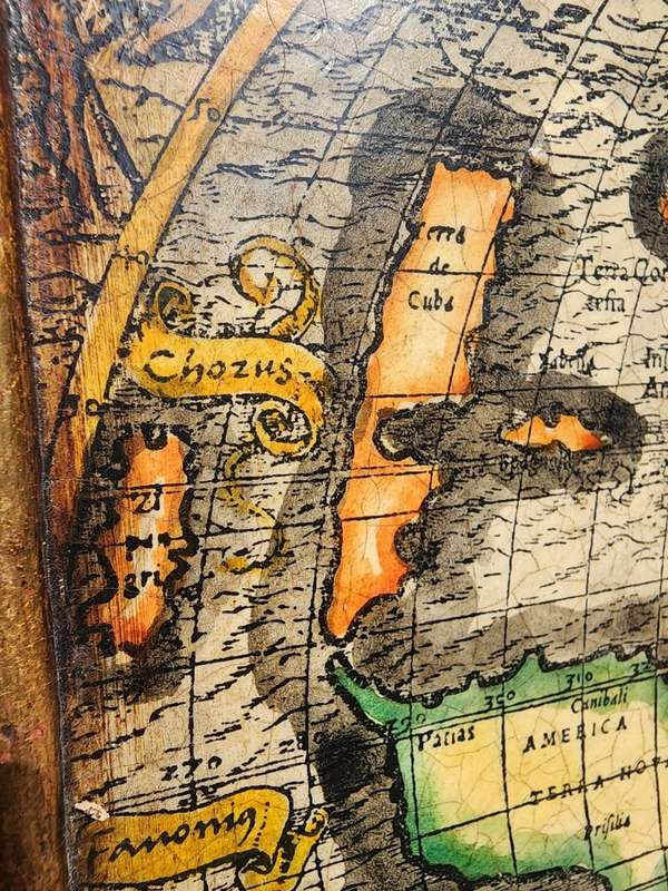Spectacular 1532 Map of the World Engraved Print With Original Hand Colouring Cannibals Sea Monsters