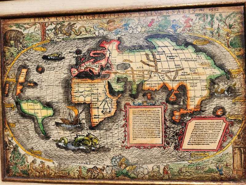 Spectacular 1532 Map of the World Engraved Print With Original Hand Colouring Cannibals Sea Monsters