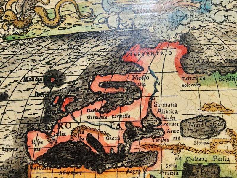 Spectacular 1532 Map of the World Engraved Print With Original Hand Colouring Cannibals Sea Monsters