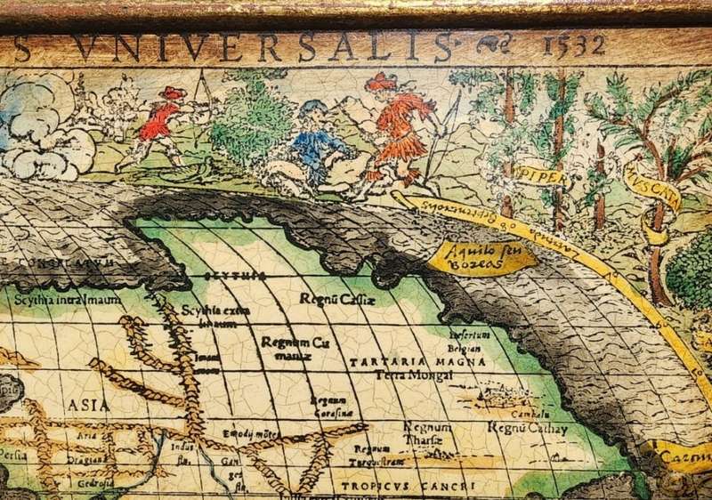 Spectacular 1532 Map of the World Engraved Print With Original Hand Colouring Cannibals Sea Monsters