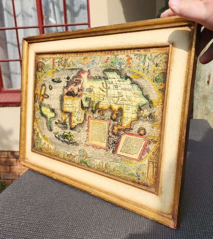 Spectacular 1532 Map of the World Engraved Print With Original Hand Colouring Cannibals Sea Monsters