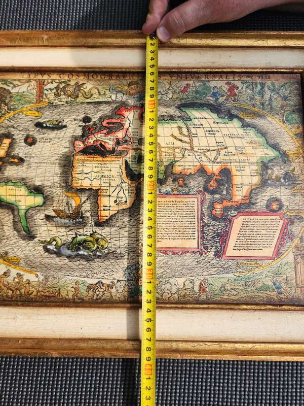 Spectacular 1532 Map of the World Engraved Print With Original Hand Colouring Cannibals Sea Monsters