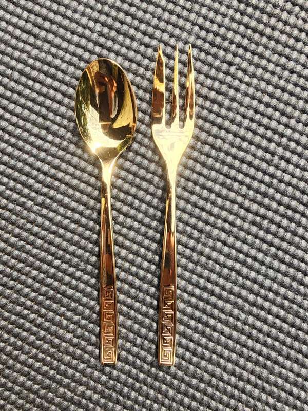 Vintage NTC 23 Carat Gold Plated Set: 6 Teaspoons, 6 Desert Forks, 1 Cake Lifter
