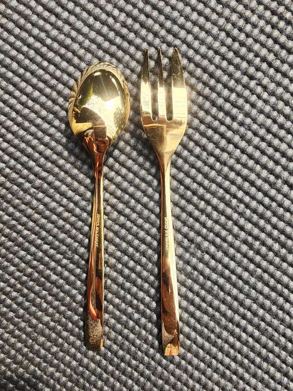 Vintage NTC 23 Carat Gold Plated Set: 6 Teaspoons, 6 Desert Forks, 1 Cake Lifter