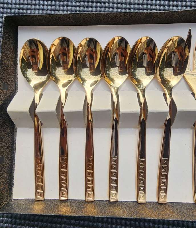 Vintage NTC 23 Carat Gold Plated Set: 6 Teaspoons, 6 Desert Forks, 1 Cake Lifter