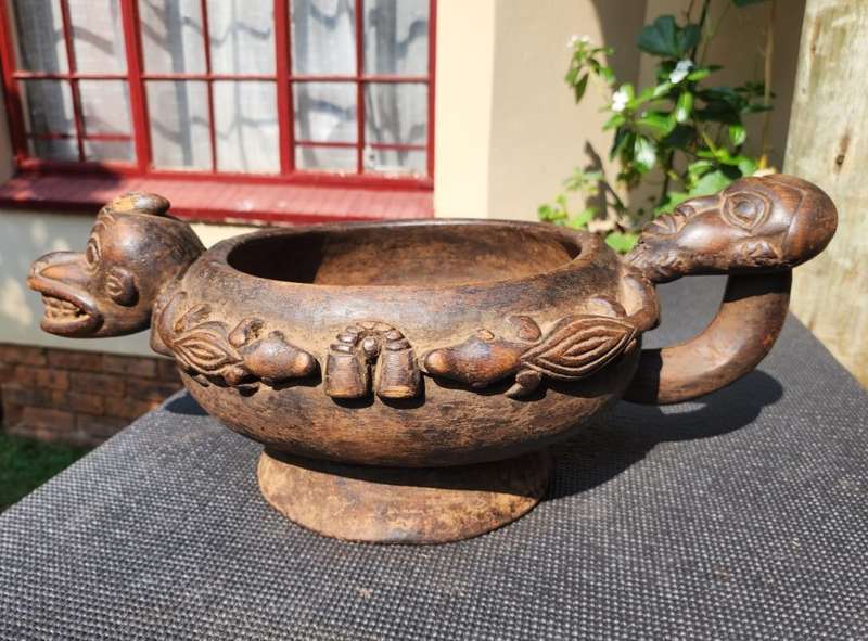 Cameroon Royal Court Ceremonial Food Bowl with Head and Animal Figures
