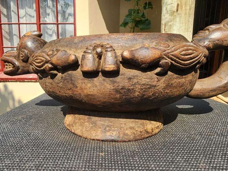 Cameroon Royal Court Ceremonial Food Bowl with Head and Animal Figures