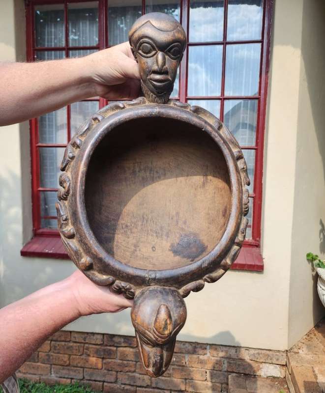 Cameroon Royal Court Ceremonial Food Bowl with Head and Animal Figures