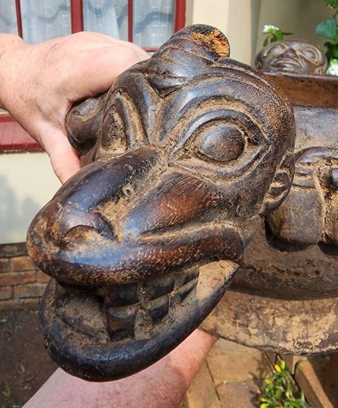 Cameroon Royal Court Ceremonial Food Bowl with Head and Animal Figures