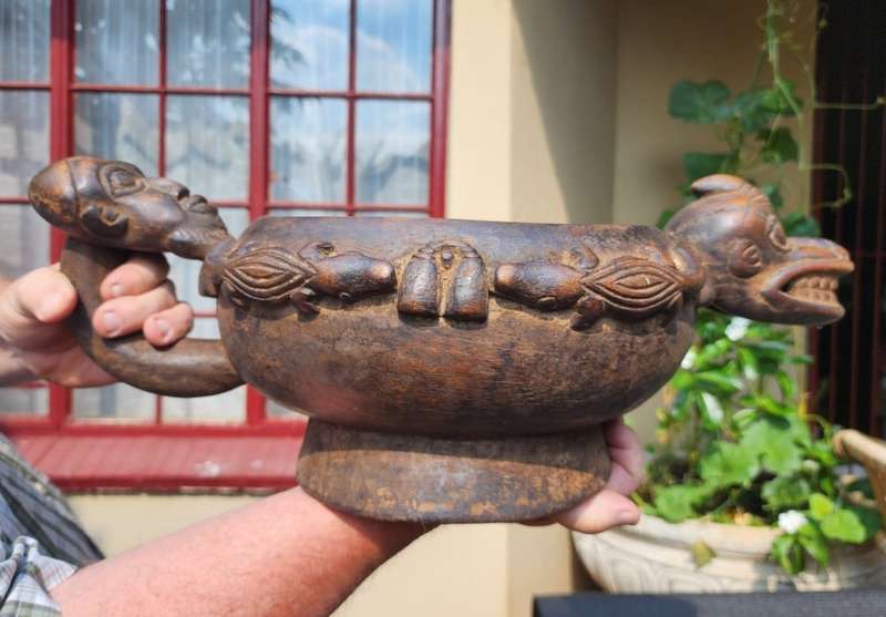 Cameroon Royal Court Ceremonial Food Bowl with Head and Animal Figures