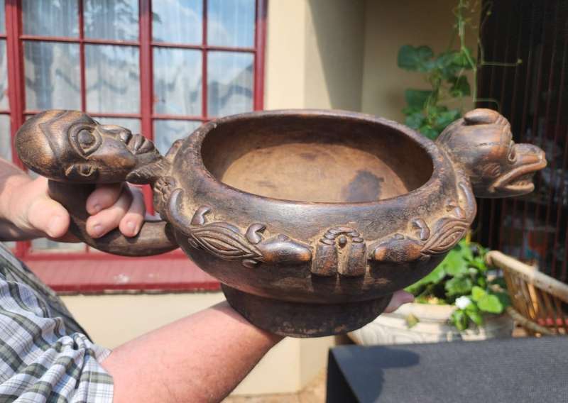 Cameroon Royal Court Ceremonial Food Bowl with Head and Animal Figures